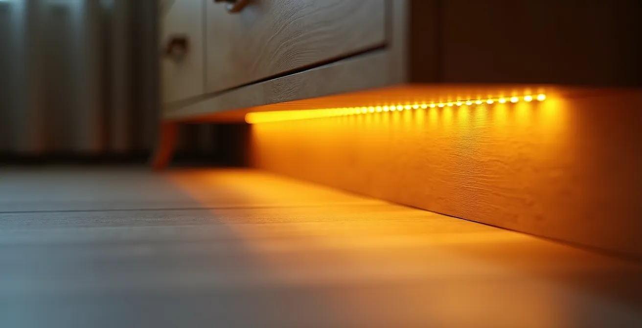 Éclairage indirect par bandeau LED installé sous un meuble créant un chemin lumineux sécurisé