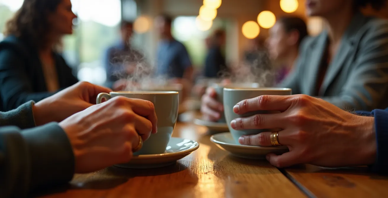 Groupe d'aidants échangeant dans l'ambiance chaleureuse d'un café