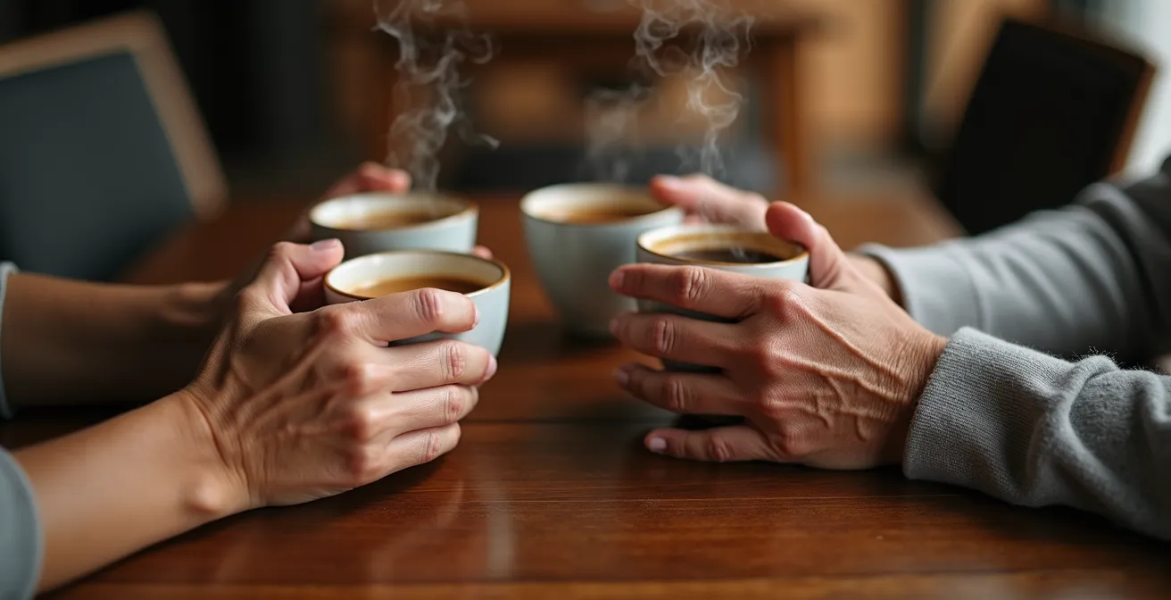 Un petit groupe d'aidants échange autour d'une table dans un café chaleureux