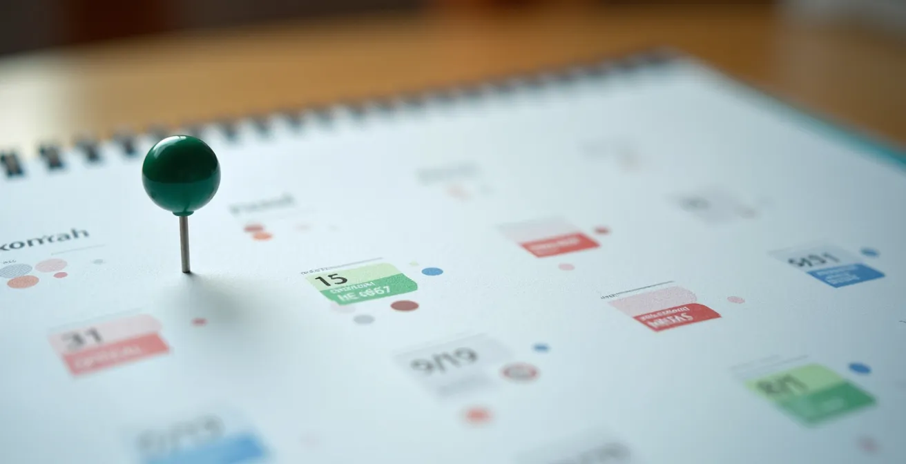 Vue macro d'un calendrier avec repères colorés marquant les délais de carence pour différents soins