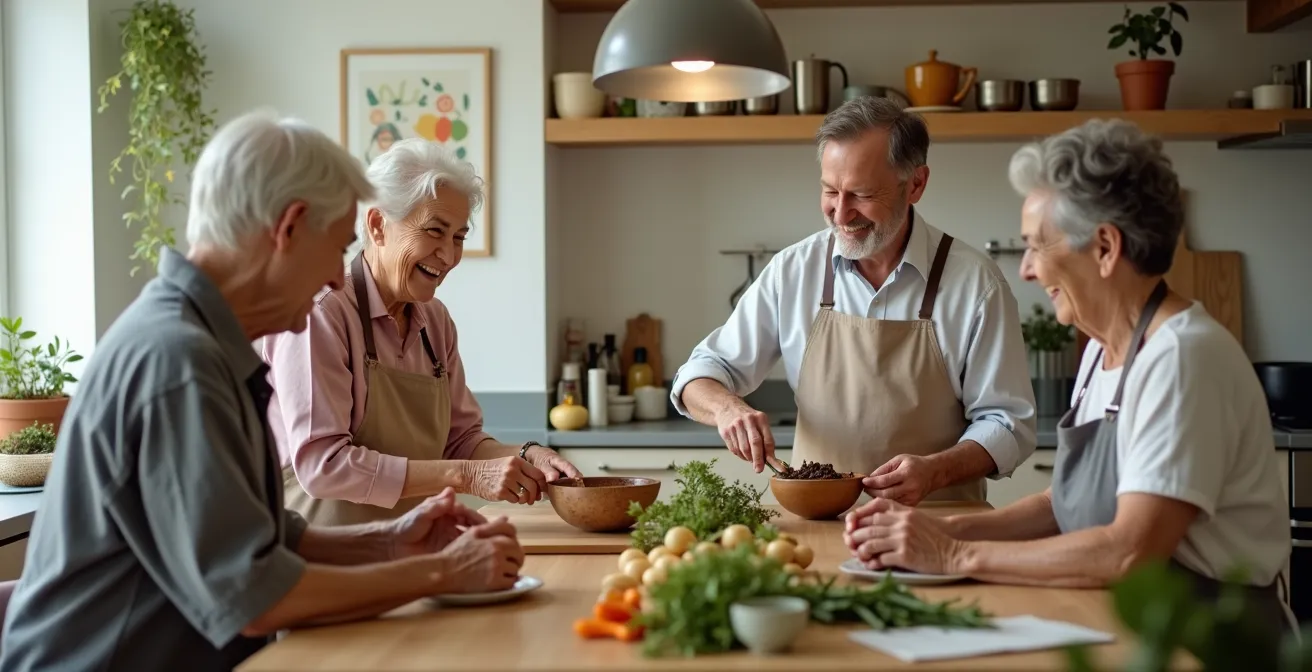 Groupe de seniors partageant un moment convivial dans une cuisine commune lumineuse