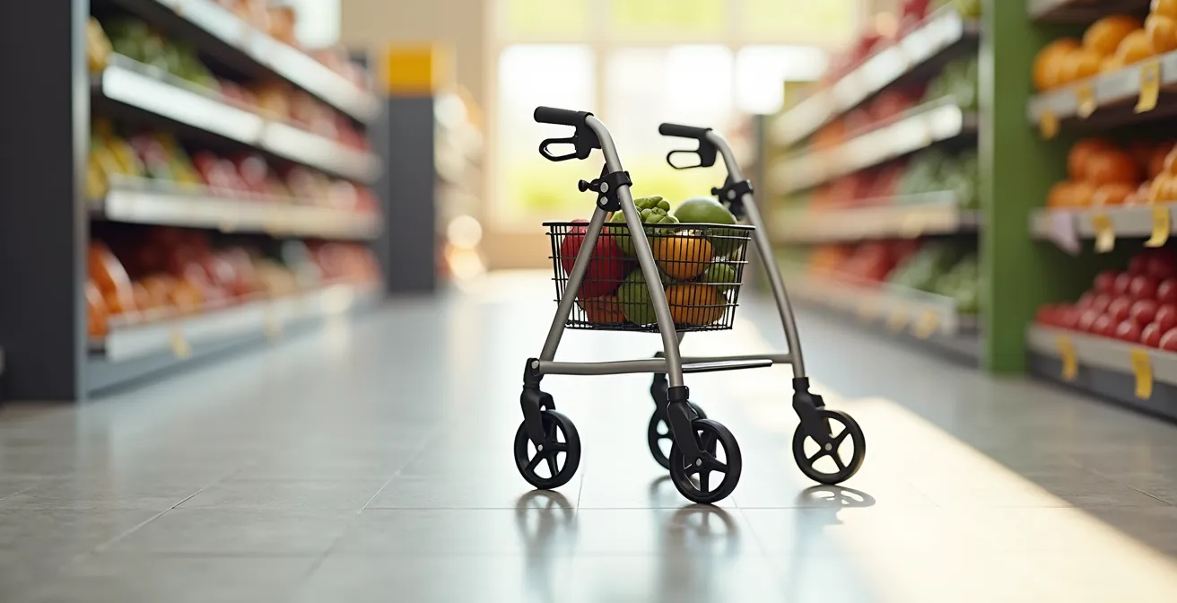 Vue latérale d'un rollator moderne à 4 roues avec panier rempli de courses dans un environnement de magasin