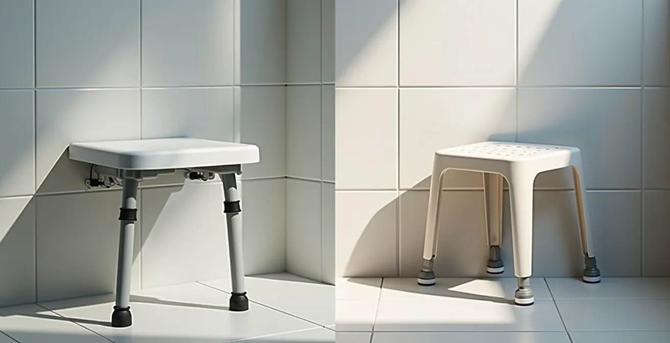 Comparaison entre siège rabattable mural et tabouret mobile dans une douche senior