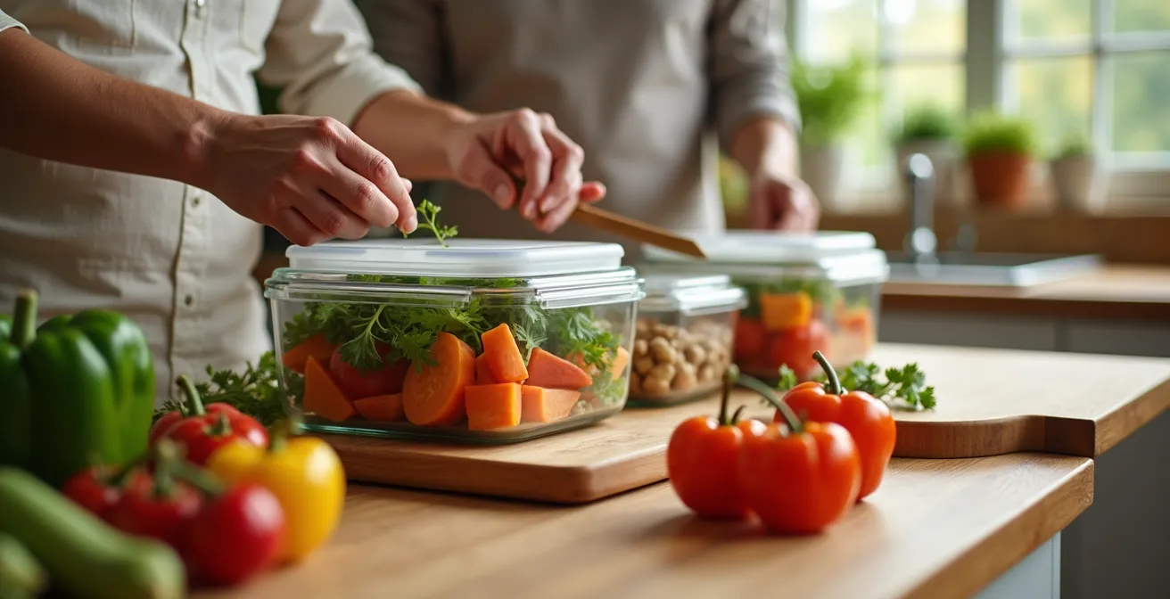 Un plan de travail de cuisine avec des légumes frais et des contenants de conservation, illustrant une gestion alimentaire intelligente.