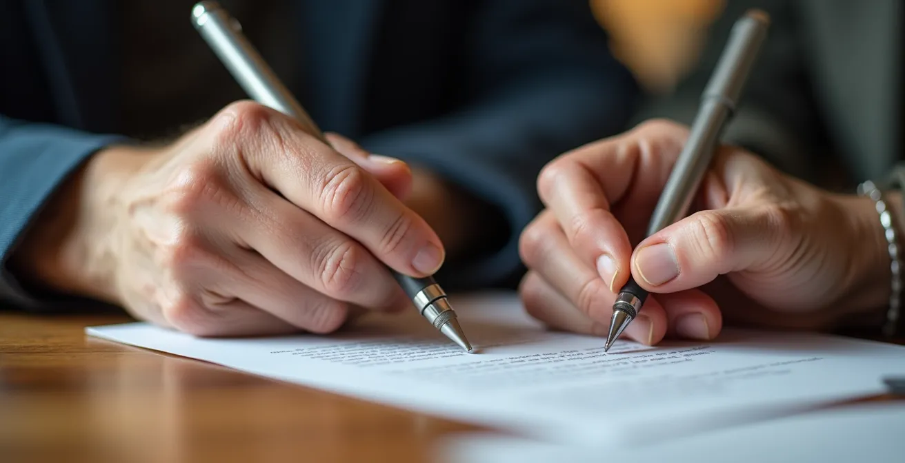 Deux mains signant un contrat de travail sur une table en bois
