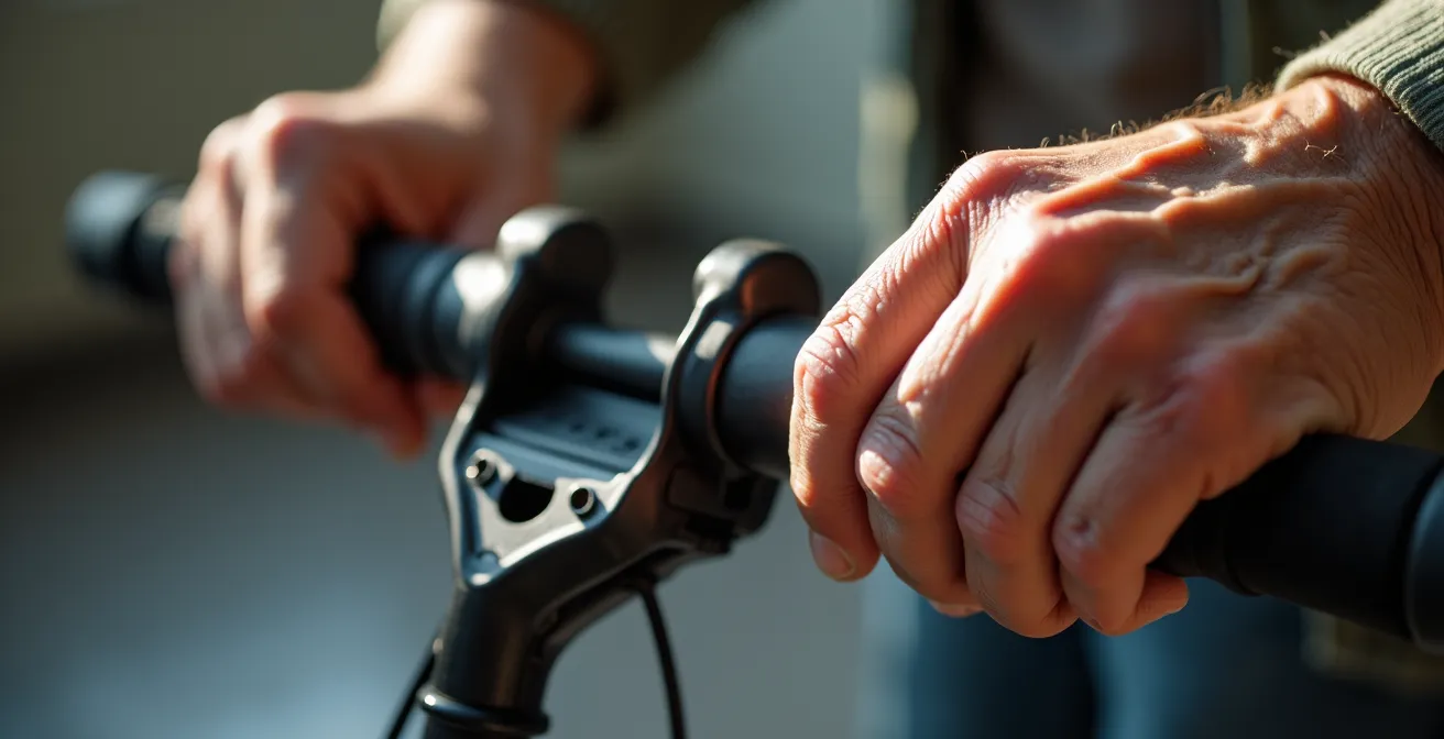 Gros plan sur les mains d'une personne âgée actionnant fermement les freins de parking d'un rollator