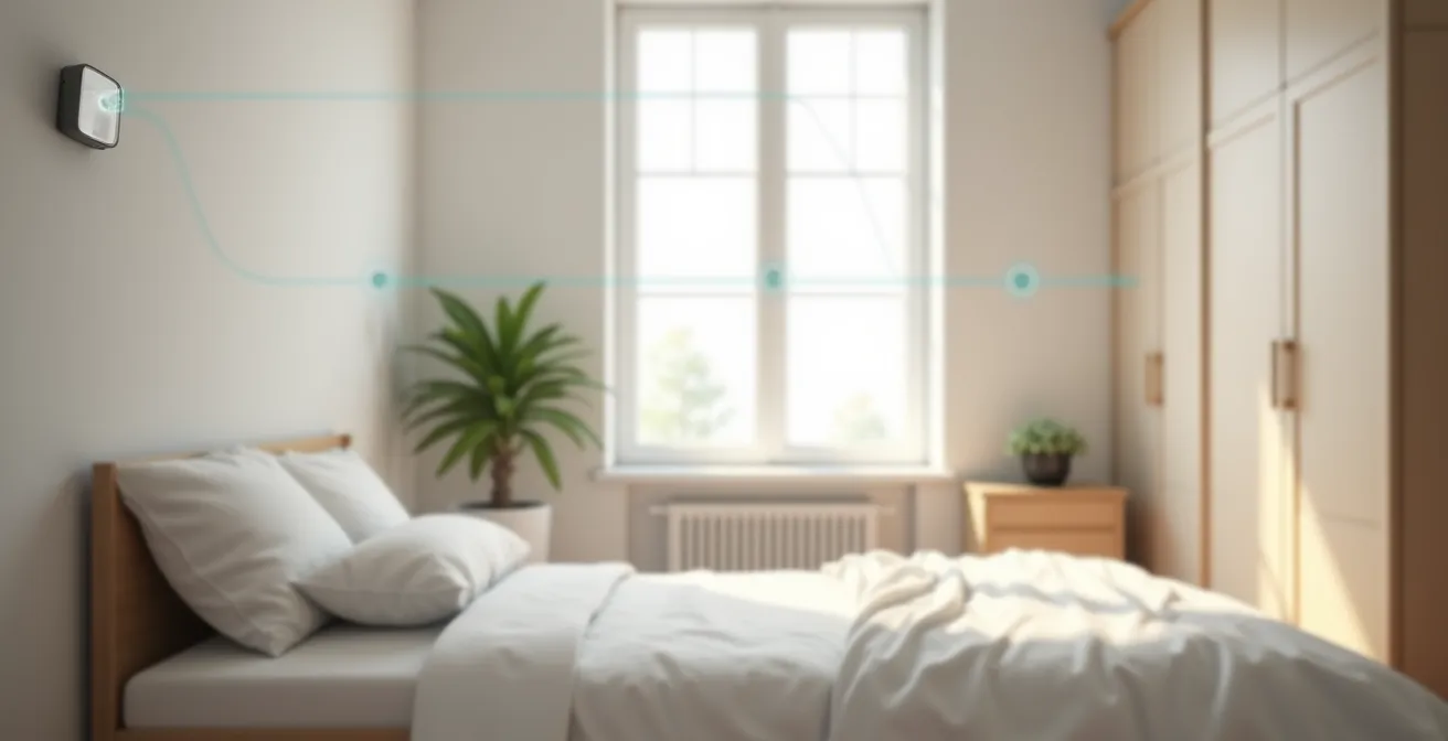 Vue en coupe d'une chambre montrant le placement idéal d'un détecteur de mouvement près du lit