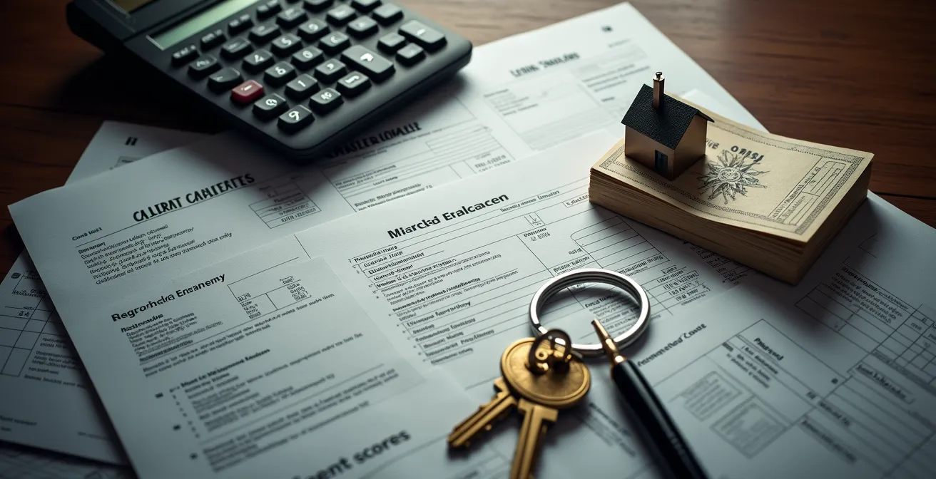 Documents fiscaux et immobiliers étalés sur un bureau avec une calculatrice