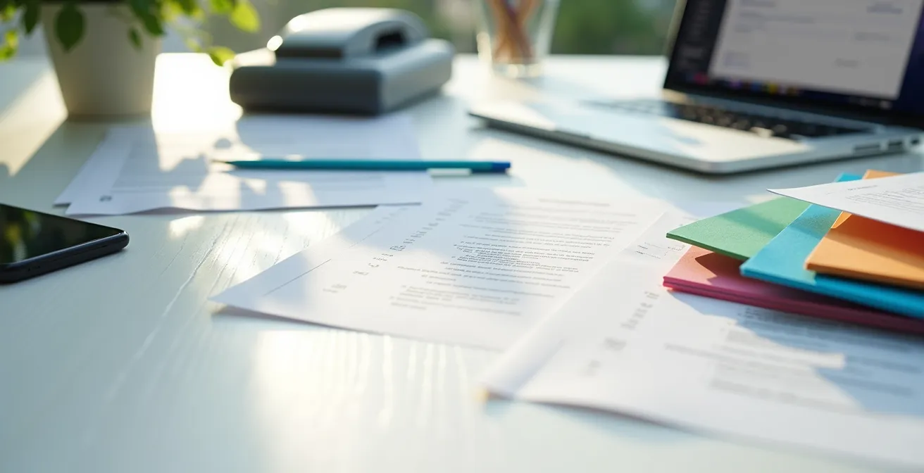 Ordinateur portable ouvert montrant un formulaire en ligne avec des documents papier organisés à côté