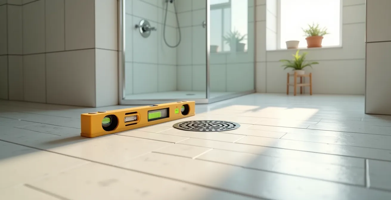 Test de niveau sur une douche à l'italienne pour vérifier la pente d'évacuation