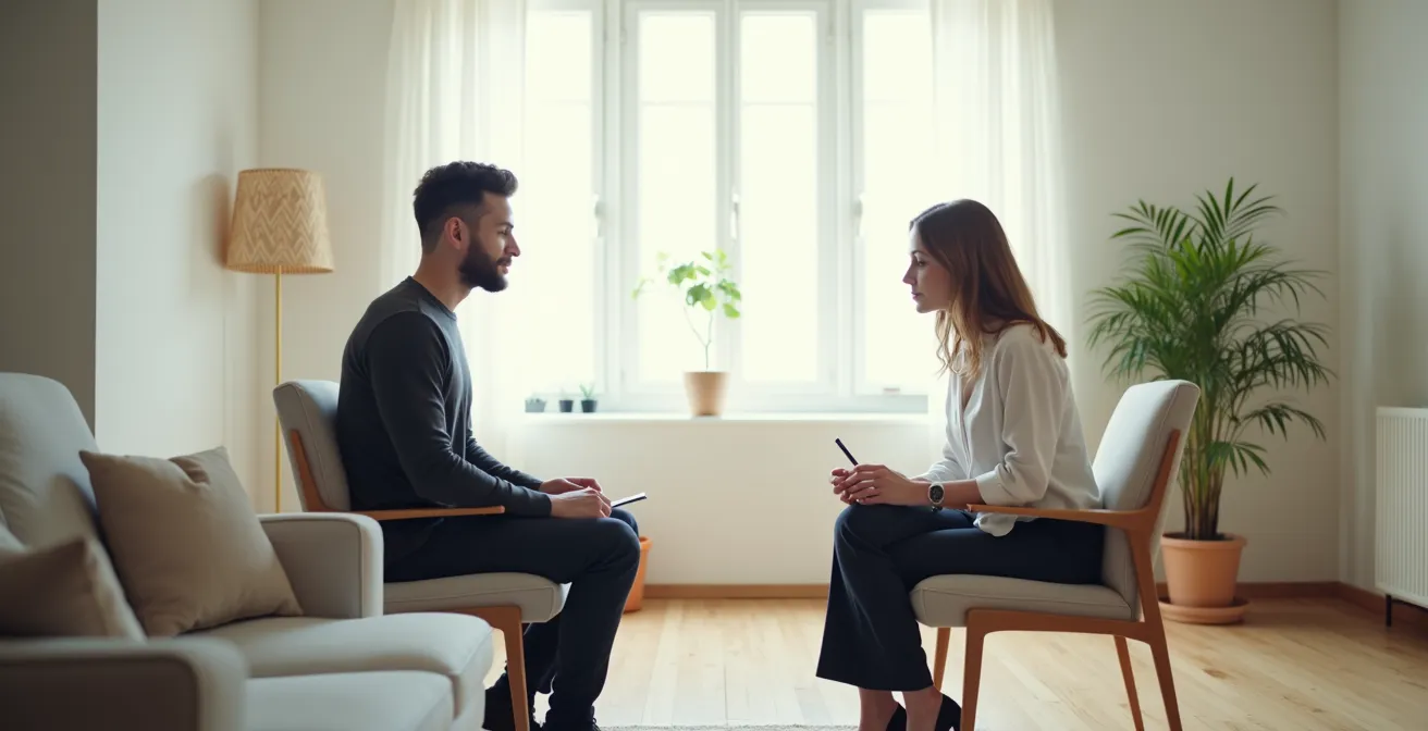 Scène d'entretien professionnel entre deux personnes dans un salon lumineux, l'une prenant des notes discrètement