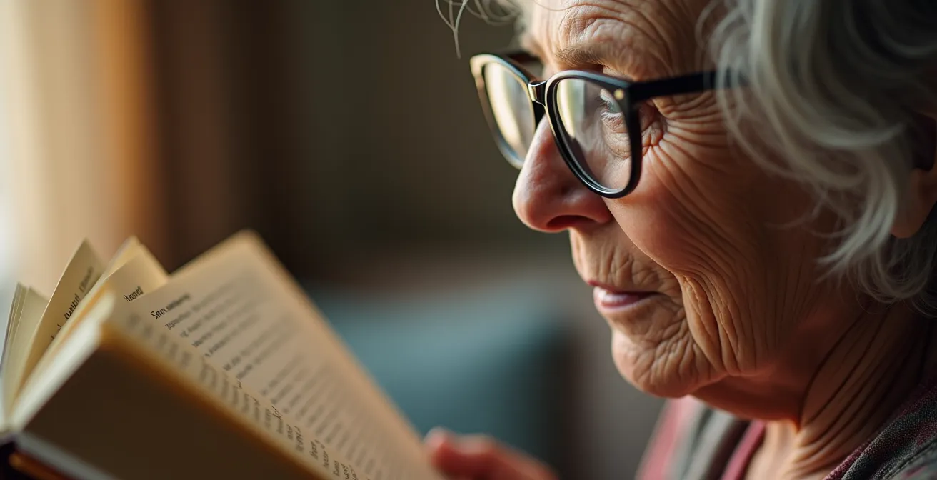 Femme senior assise dans un fauteuil, ajustant naturellement l'angle de sa tête pour lire avec des verres progressifs