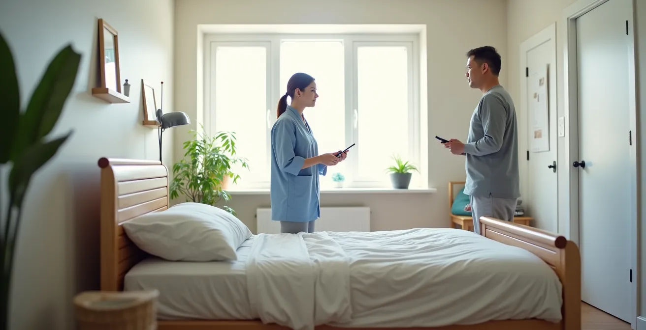 Technicien installant un lit médicalisé dans une chambre avec formation de l'aidant