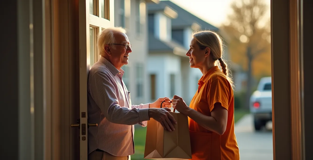 Livreur souriant échangeant avec une personne âgée à sa porte d'entrée