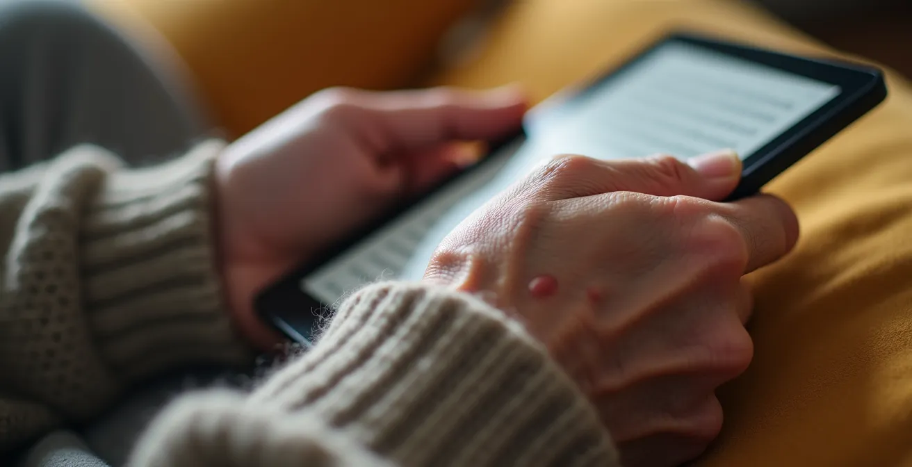 Mains d'une personne âgée tenant confortablement une liseuse, posée sur un support ergonomique.