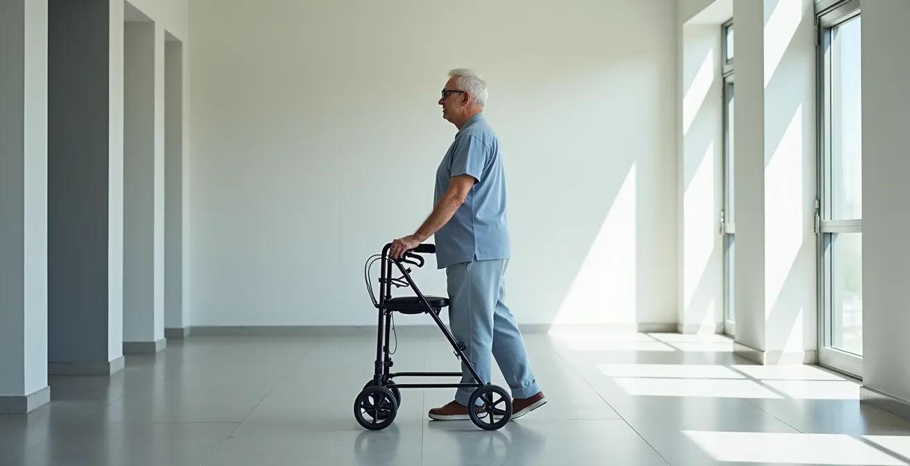 Vue latérale d'une personne avec rollator montrant l'alignement postural optimal