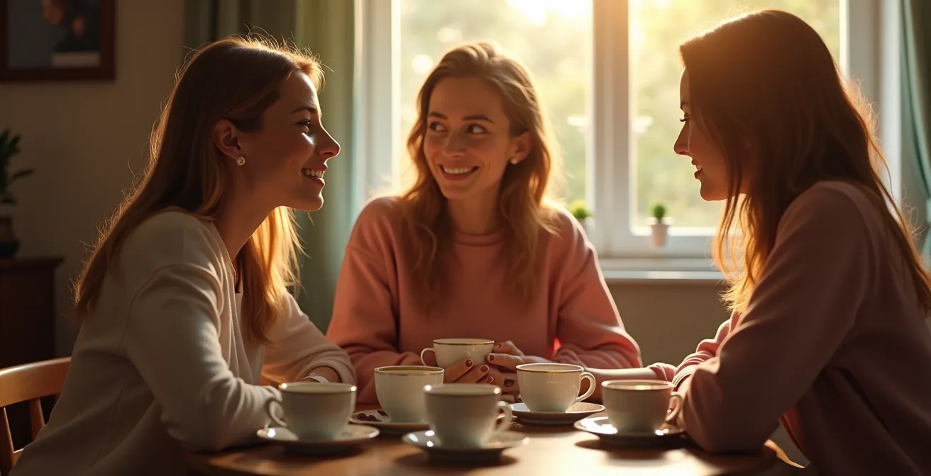 Trois personnes partageant un moment de thé autour d'une table, atmosphère chaleureuse et détendue
