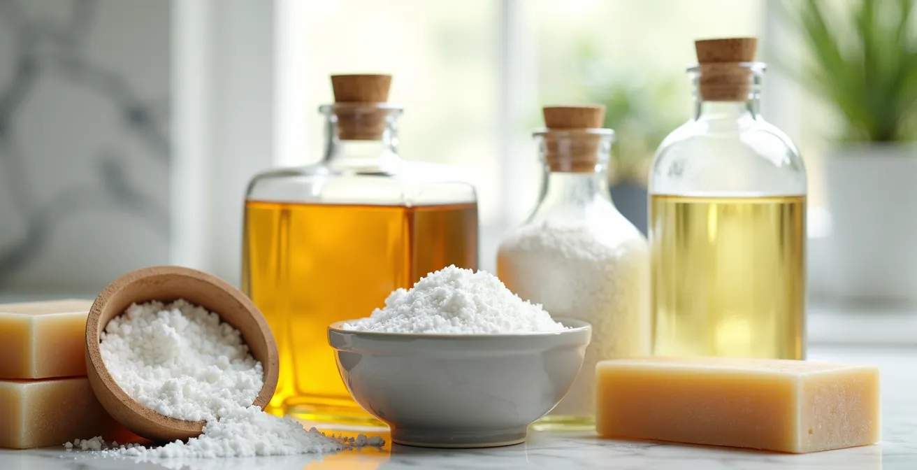Composition de produits ménagers naturels disposés sur un plan de travail lumineux incluant vinaigre blanc, bicarbonate et savon noir