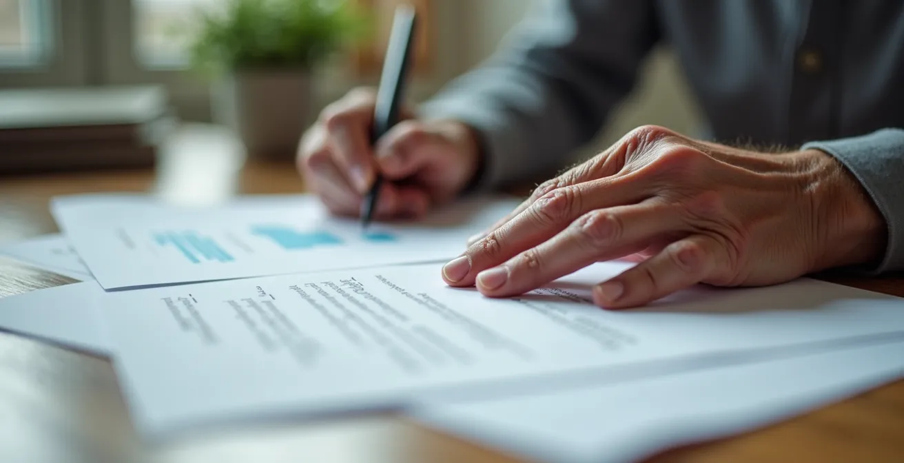 Mains d'une personne âgée organisant des documents médicaux et administratifs sur une table