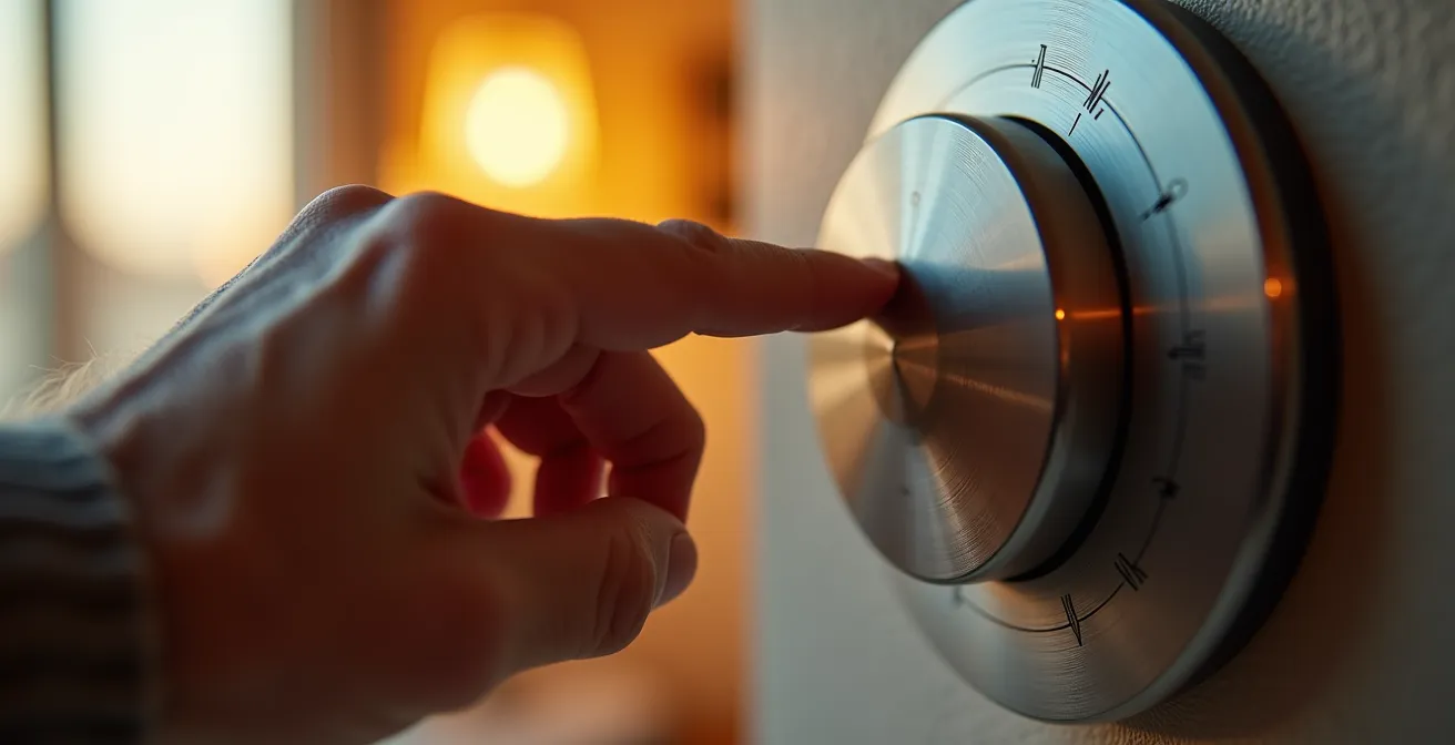 Gros plan sur une main ajustant un thermostat moderne, symbolisant l'économie de chauffage.