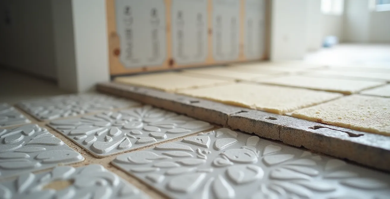 Vue macro sur matériaux isolants et carrelage antidérapant dans une salle de bain en rénovation
