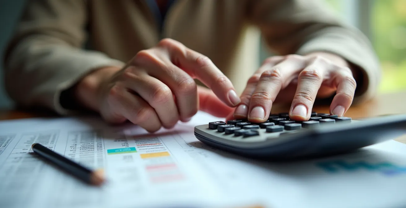 Gros plan sur mains de senior utilisant une calculatrice avec papiers financiers flous en arrière-plan