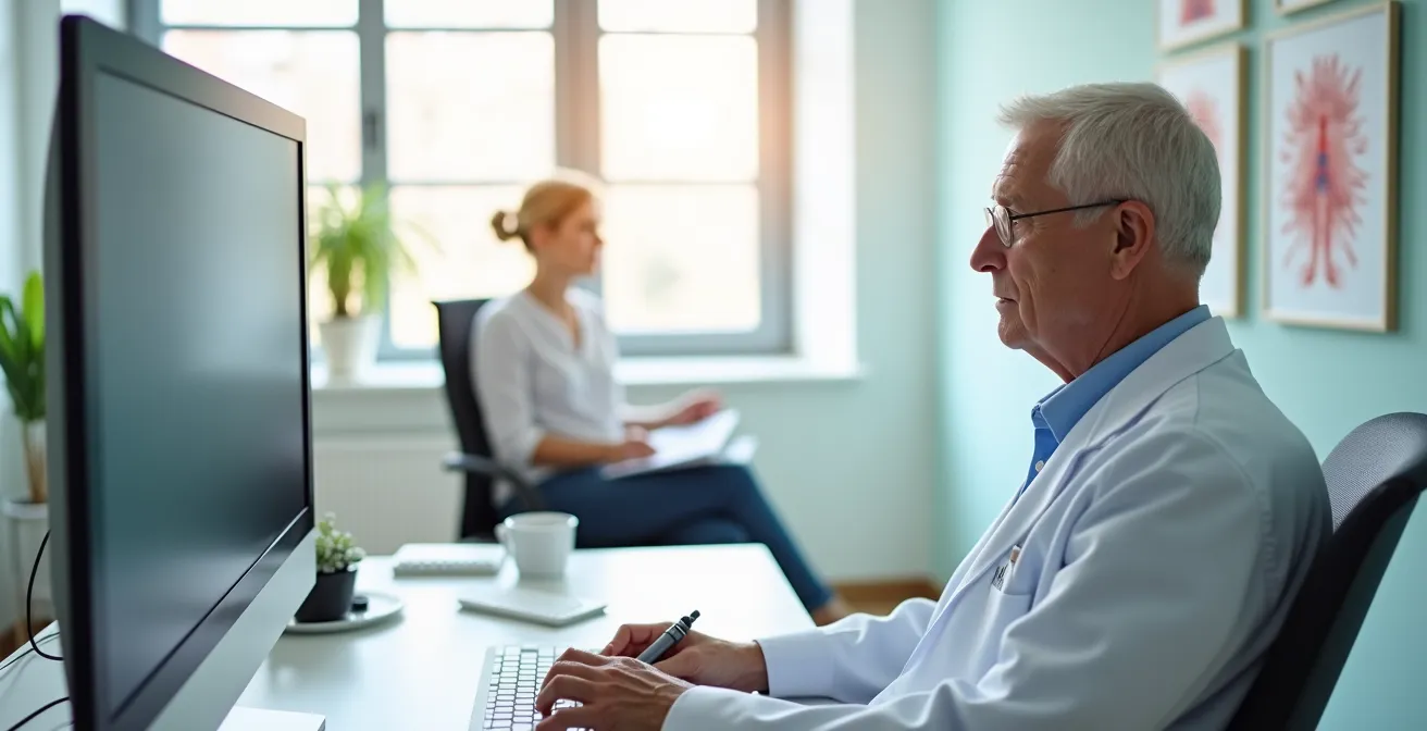 Personne senior en consultation préventive avec médecin dans un cabinet médical lumineux