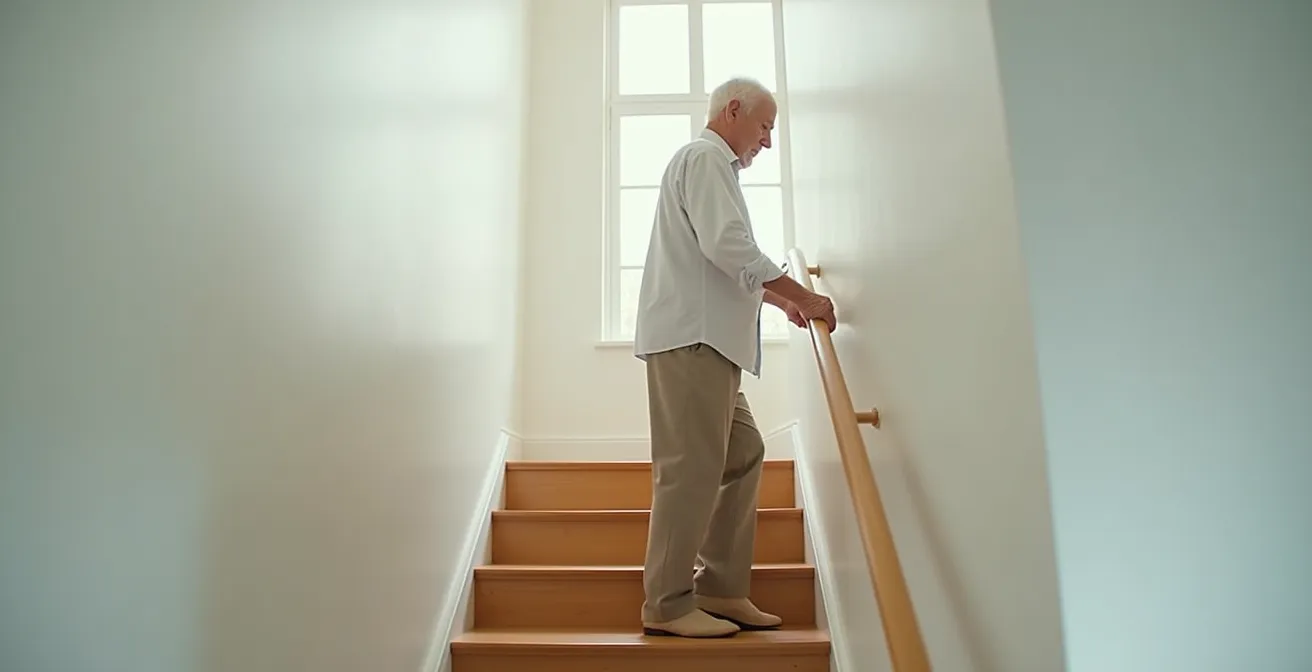 Personne âgée descendant prudemment un escalier en ajustant sa posture de tête avec des lunettes progressives