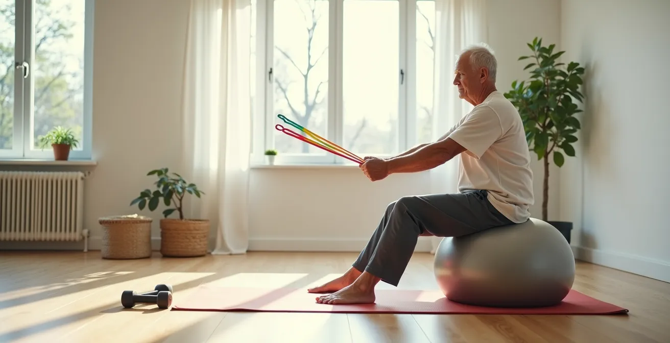 Sénior pratiquant des exercices avec bandes élastiques en position assise
