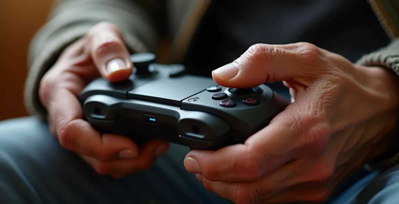 Senior concentré utilisant une manette de jeu dans un environnement moderne et confortable