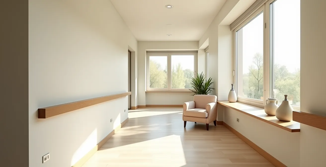 Vue d'ensemble d'un salon aménagé pour senior avec équipements de sécurité