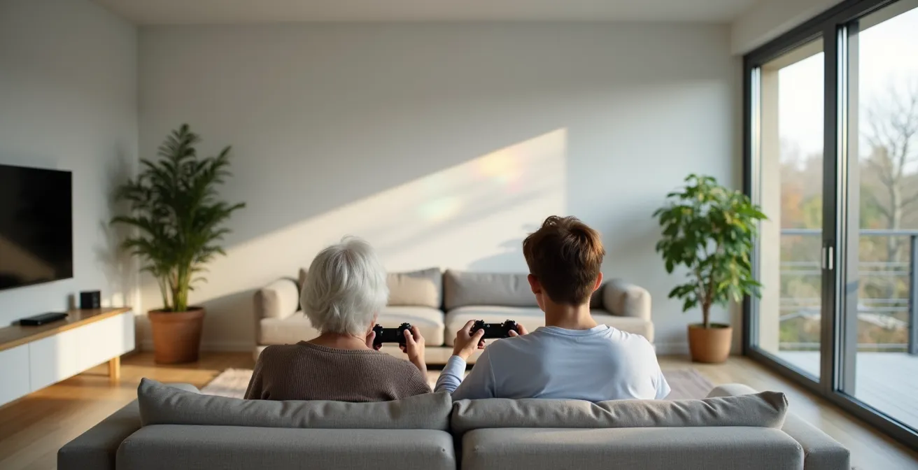 Grand-mère et petit-fils jouant ensemble avec des manettes de jeu dans un salon chaleureux