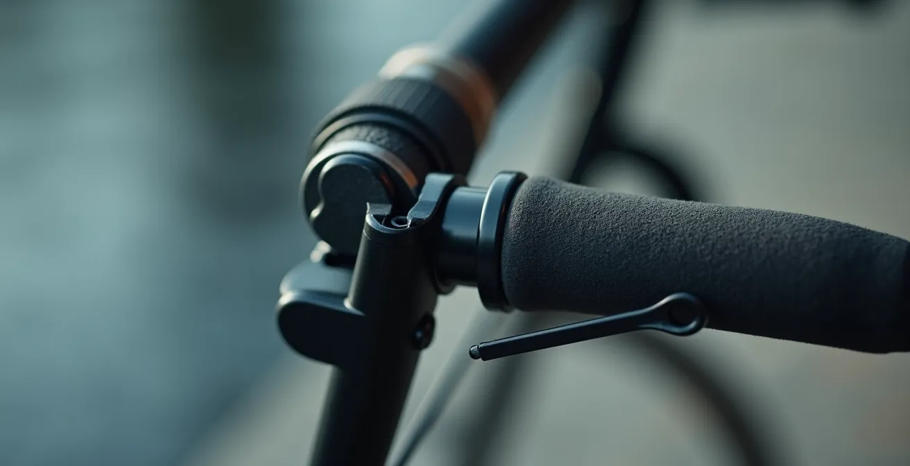 Gros plan sur le système de freinage d'un rollator montrant les poignées ergonomiques et les câbles
