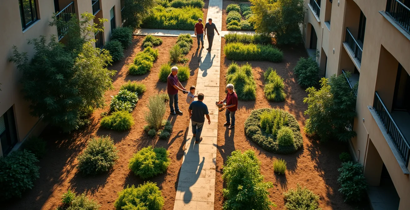 Des voisins de différents âges jardinent ensemble dans un espace vert partagé d'immeuble
