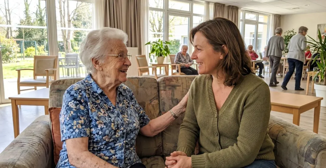 Une femme d'âge mûr et une personne âgée assises côte à côte sur un canapé, vues de profil, en pleine conversation naturelle dans une salle lumineuse