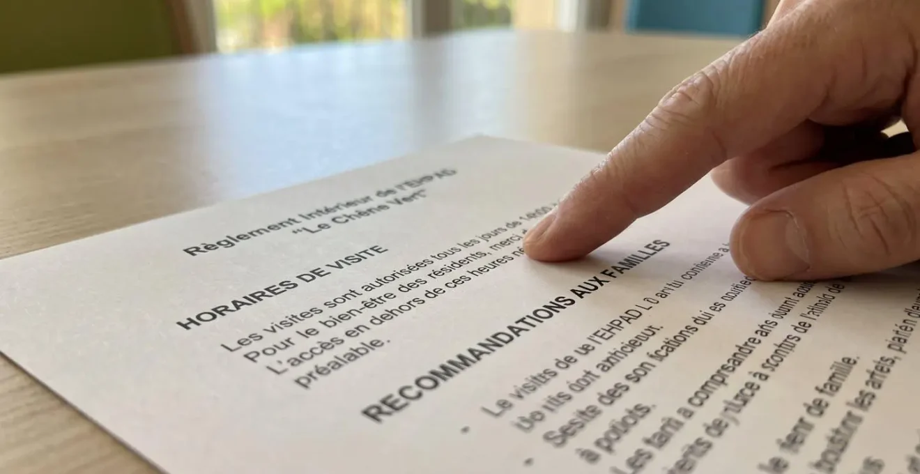 Gros plan sur une main pointant la section horaires de visite d'un document de règlement intérieur en français posé sur un bureau moderne