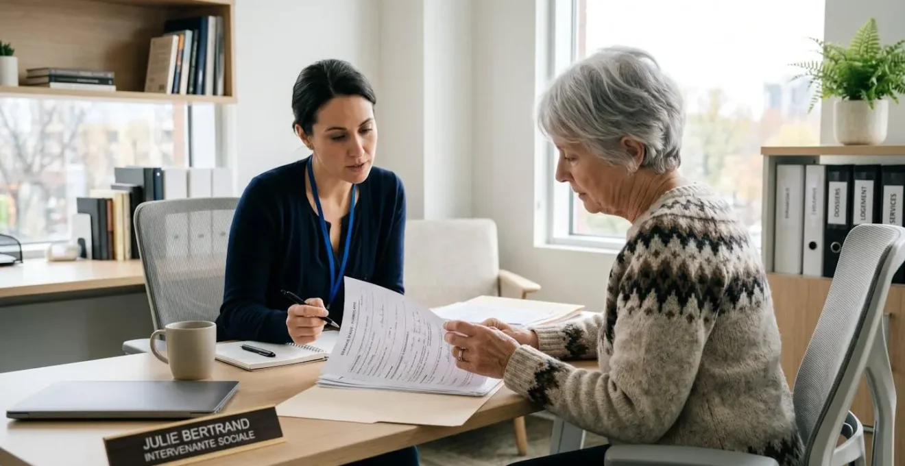 Vue par-dessus l'épaule d'une personne aux cheveux gris consultant des documents administratifs avec un intervenant social dans un intérieur contemporain lumineux