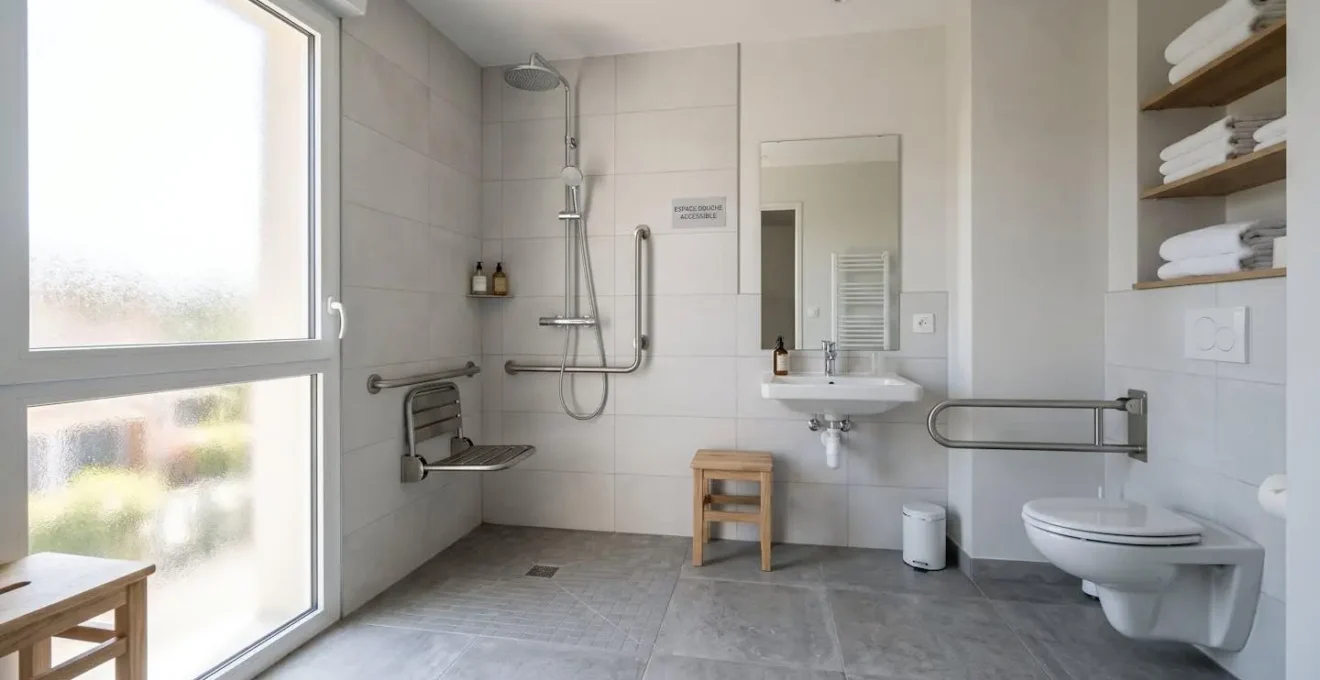 Salle de bain contemporaine adaptée avec douche plain-pied à receveur extra-plat, barres d'appui chromées fixées au mur et sol antidérapant, baignée de lumière naturelle