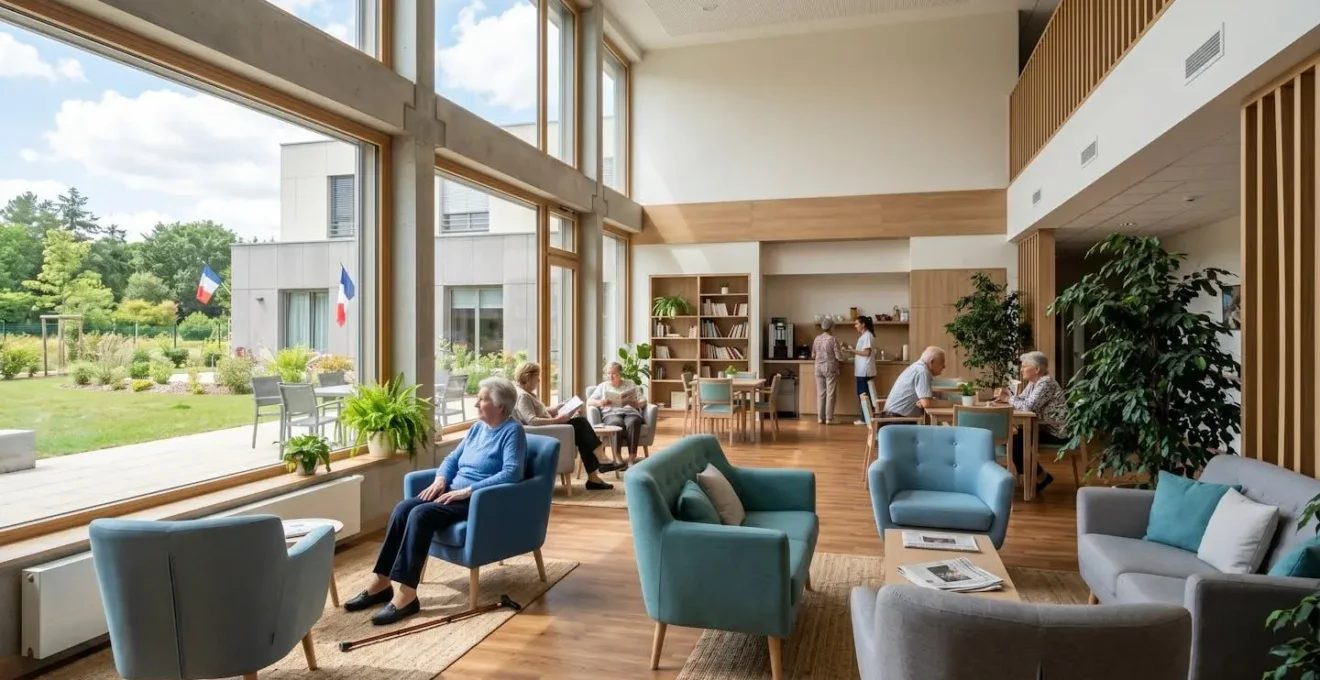Salon spacieux et lumineux d'un EHPAD moderne en France avec grandes baies vitrées, fauteuils confortables bleu clair et plantes vertes
