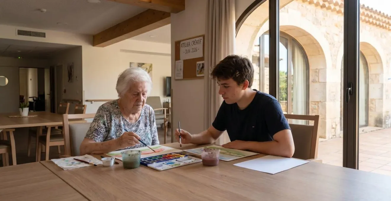 Une résidente senior et une jeune femme assises côte à côte concentrées sur une activité créative partagée dans un espace lumineux de maison de retraite contemporaine