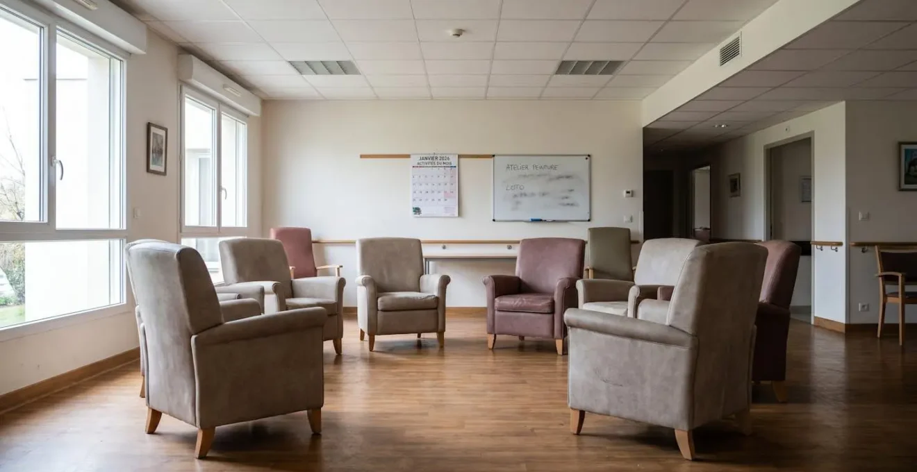 Salle commune lumineuse et ordonnée d