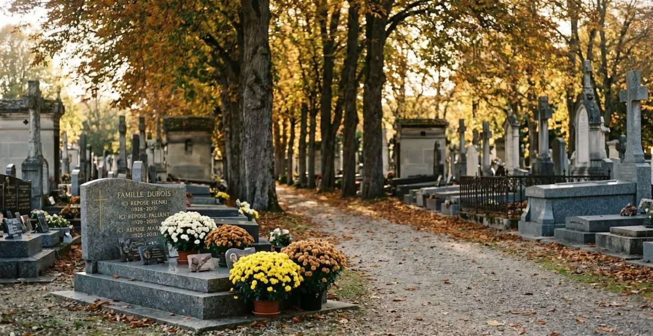 Allée de cimetière français en automne avec une tombe fleurie de chrysanthèmes blancs au premier plan, pierre tombale en granite propre et entretenue, lumière dorée de fin d'après-midi filtrant à travers les arbres