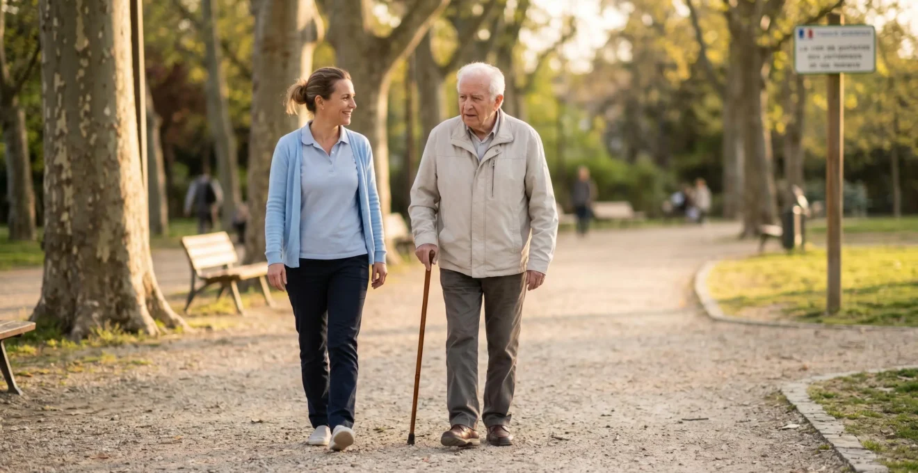 Auxiliaire de vie professionnelle accompagnant un homme senior avec canne lors d'une promenade dans un parc public français, lumière douce d'après-midi