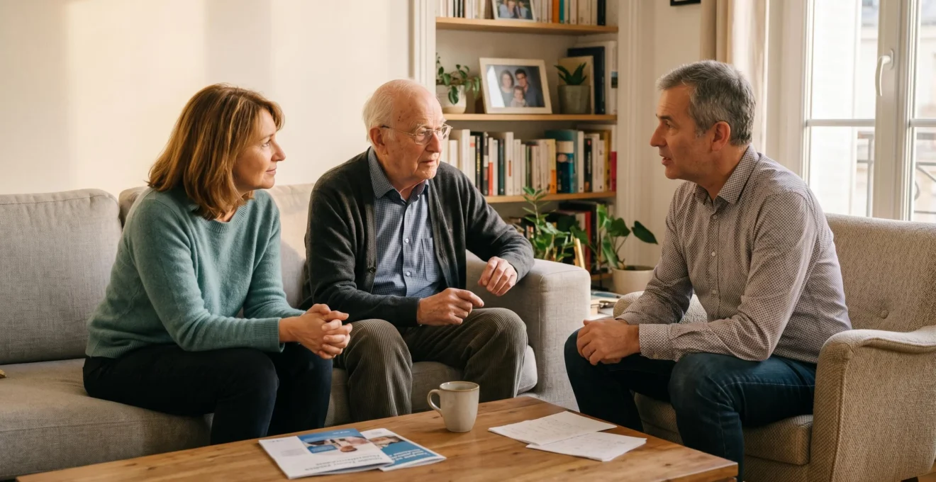 Dialogue familial à trois générations dans un salon, conversation apaisée entre une fille, son père âgé et son frère sur des décisions de vie importantes