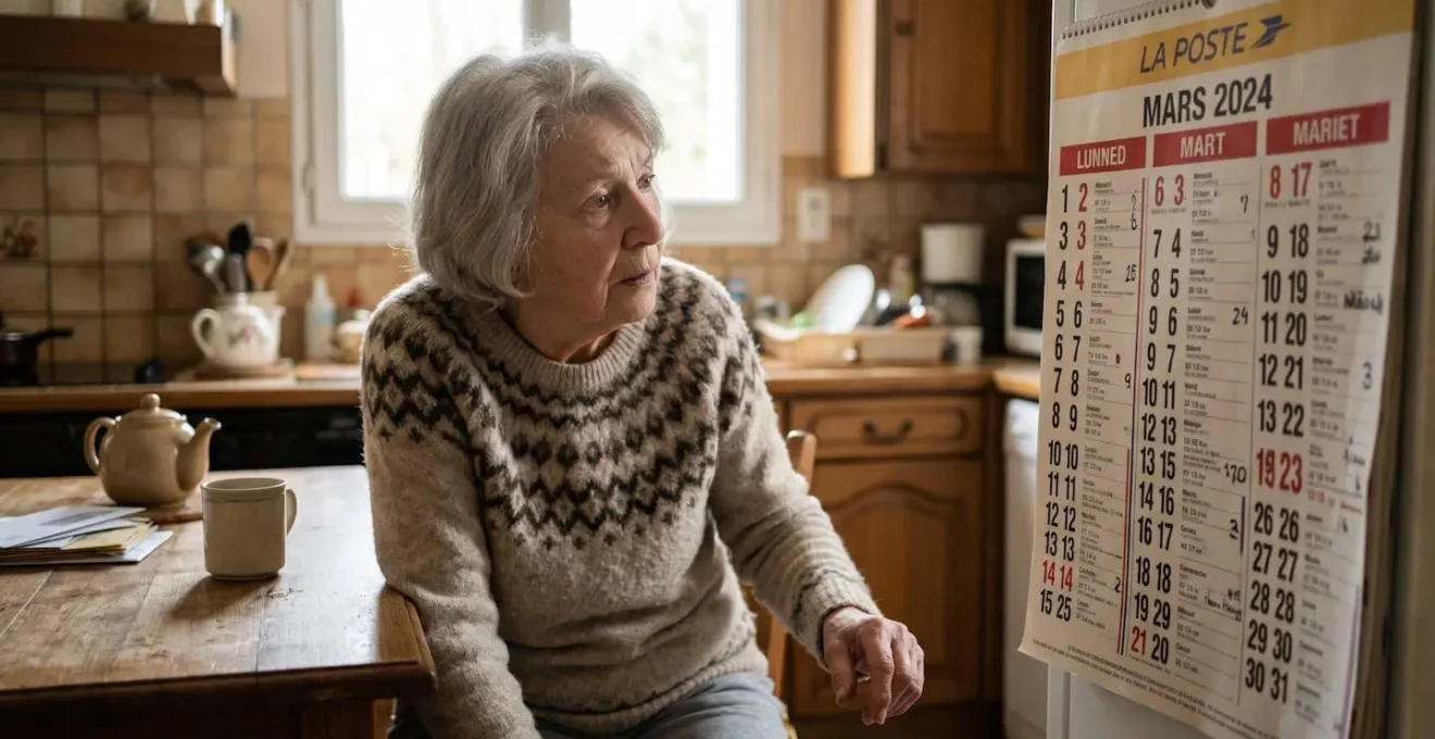 Femme âgée assise à sa table de cuisine, regardant avec perplexité un calendrier mural, exprimant une légère désorientation temporelle