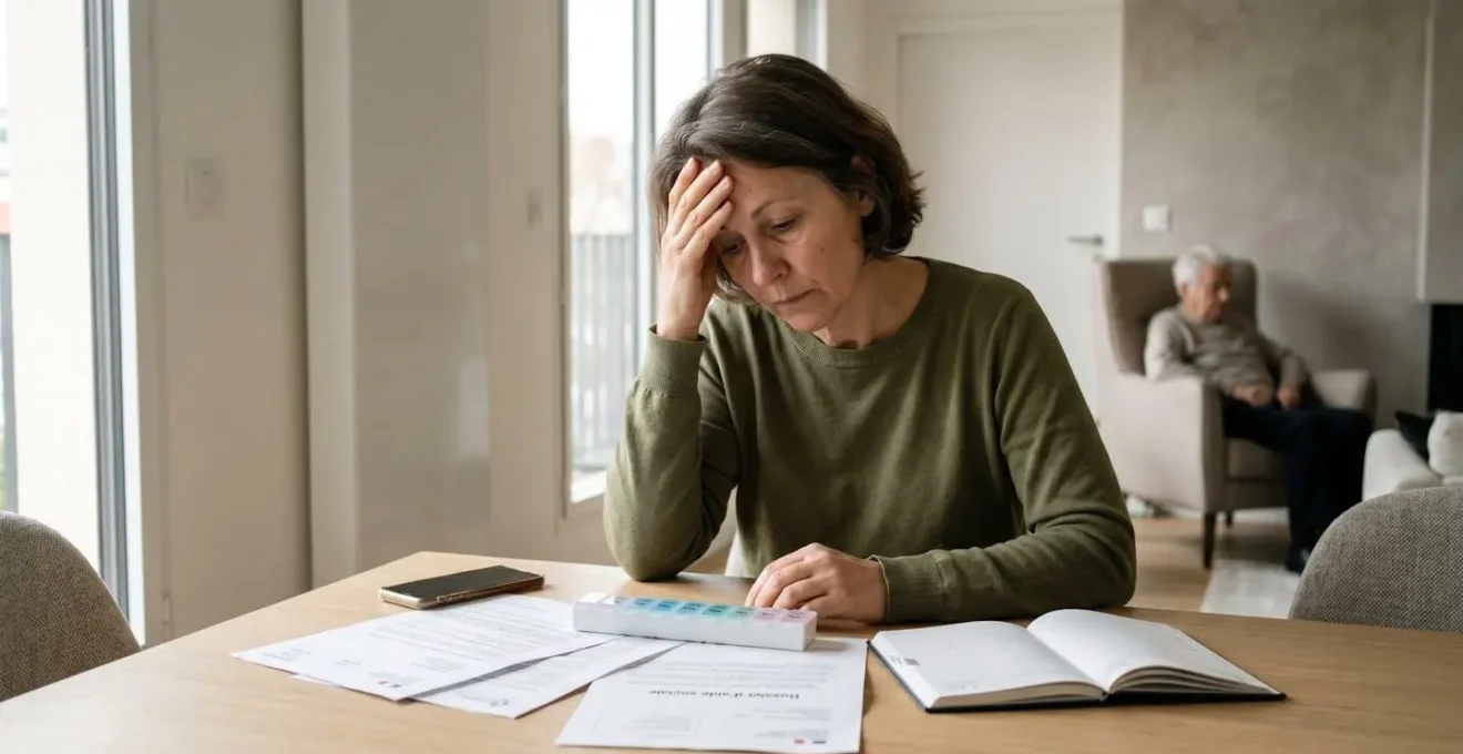Femme d'âge mûr assise à une table avec main sur le front montrant la fatigue, pilulier et documents devant elle, silhouette de personne âgée en arrière-plan