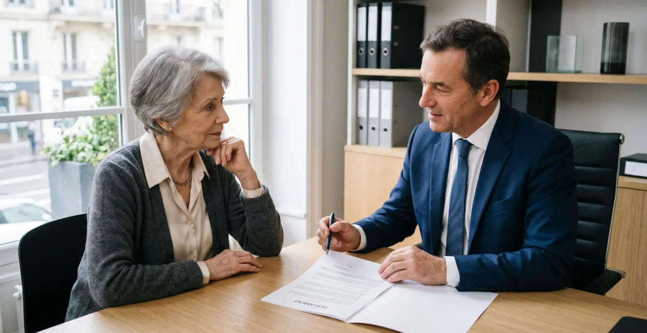 Femme senior de 75-80 ans aux cheveux gris assise face à un notaire dans un bureau moderne, en consultation autour d'un document testament posé sur le bureau, lumière naturelle douce, échange serein et professionnel Femme senior de 75-80 ans aux cheveux gris assise face à un notaire dans un bureau moderne, en consultation autour d'un document testament posé sur le bureau, lumière naturelle douce, échange serein et professionnel