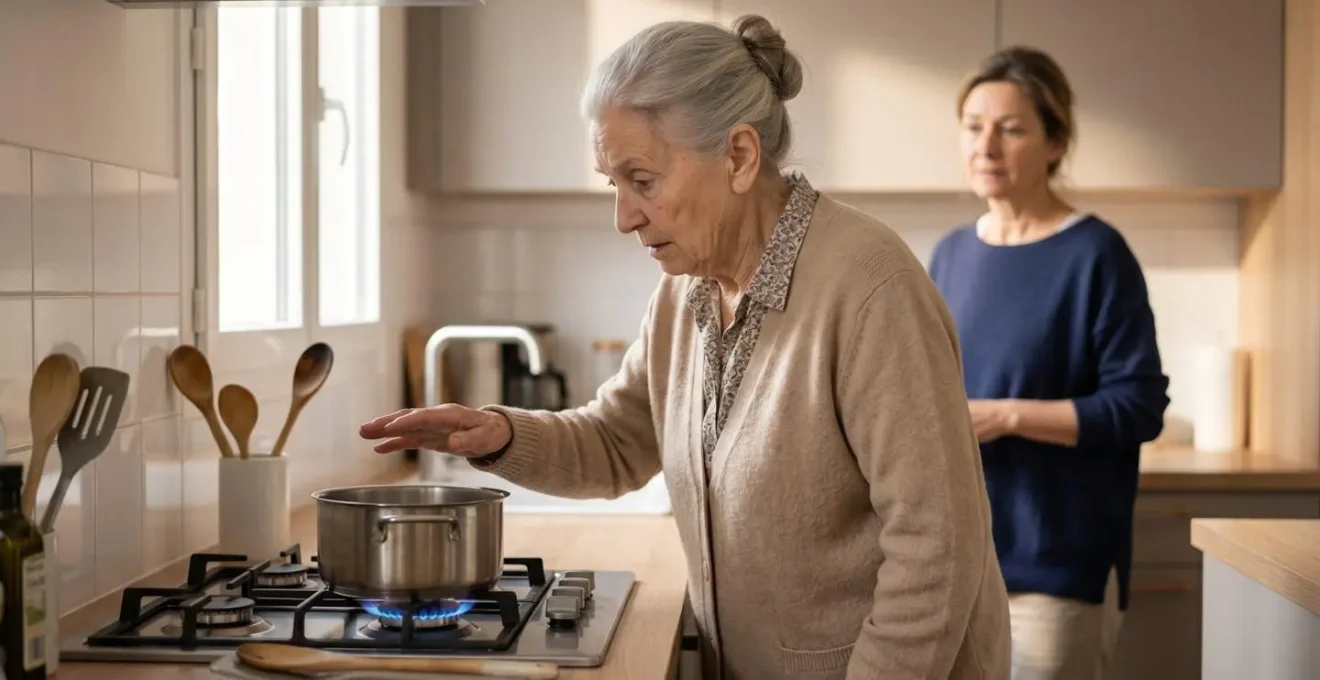 Femme senior dans sa cuisine montrant des signes de confusion devant une casserole sur le feu, sa fille adulte observant avec inquiétude en arrière-plan
