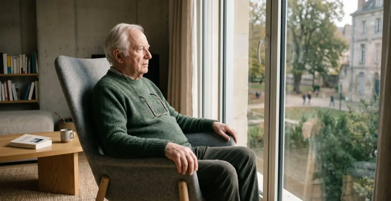 Homme senior assis seul près d'une fenêtre, regardant vers l'extérieur dans un salon contemporain, atmosphère de solitude tranquille