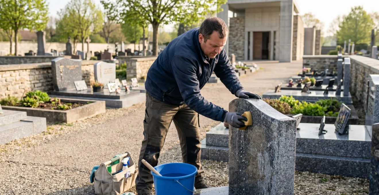 Professionnel de l'entretien funéraire en tenue de travail nettoyant une pierre tombale en granite avec une éponge et un seau d'eau dans un cimetière français, lumière matinale naturelle Professionnel de l'entretien funéraire en tenue de travail nettoyant une pierre tombale en granite avec une éponge et un seau d'eau dans un cimetière français, lumière matinale naturelle